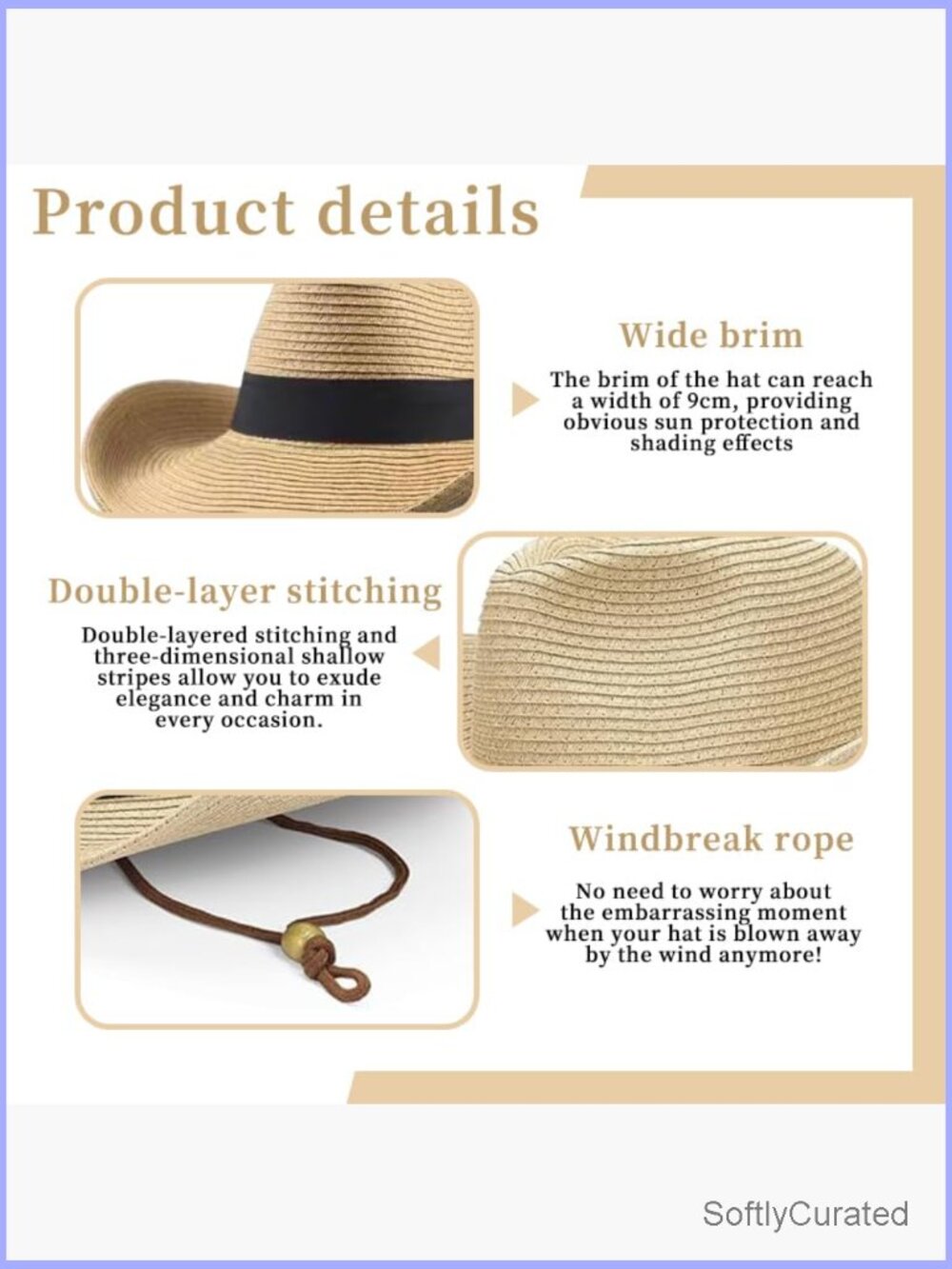 Foldable Wide Brim Straw Cowboy Hat with Drawstring Sun Protection - Picture 3 of 6